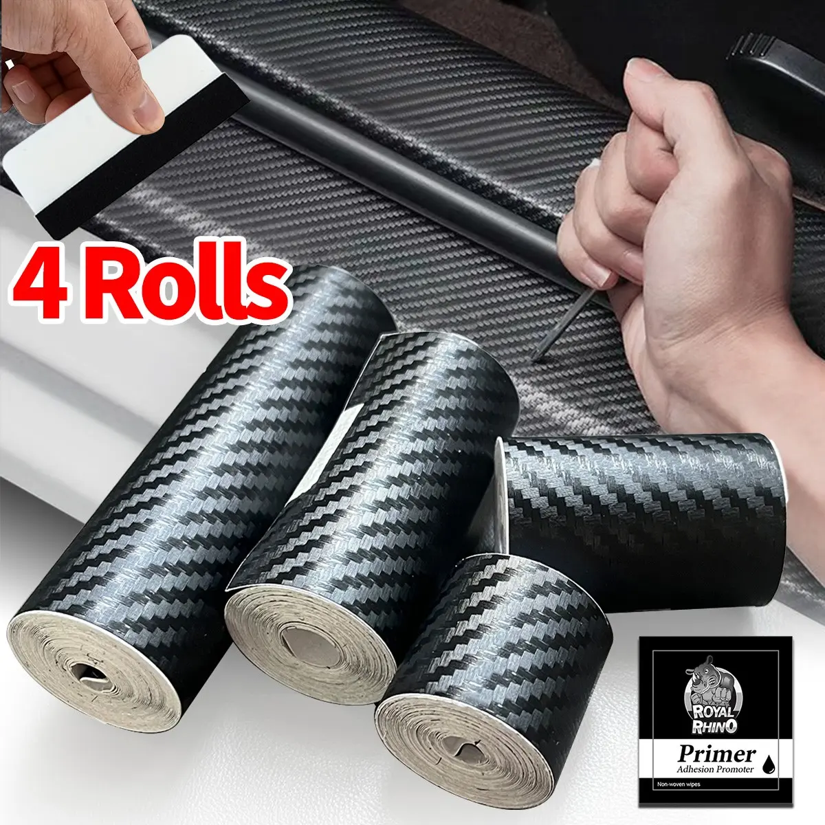 4 Rolls of 4 sizes of carbon fiber imitation leather stickers, self-adhesive black, scratch resistant, 3 meters/roll, Car accessories, Automotive decoration, door trim strips, SUV, car DIY, decorative car packaging tape, Car Decal