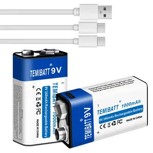 TEMIBATT  9v Lithium Battery Boxed 340mah for Multimeters, Walkie Talkies, Electric Guitars, USB Rechargeable Battery Portable Rechargeable Battery