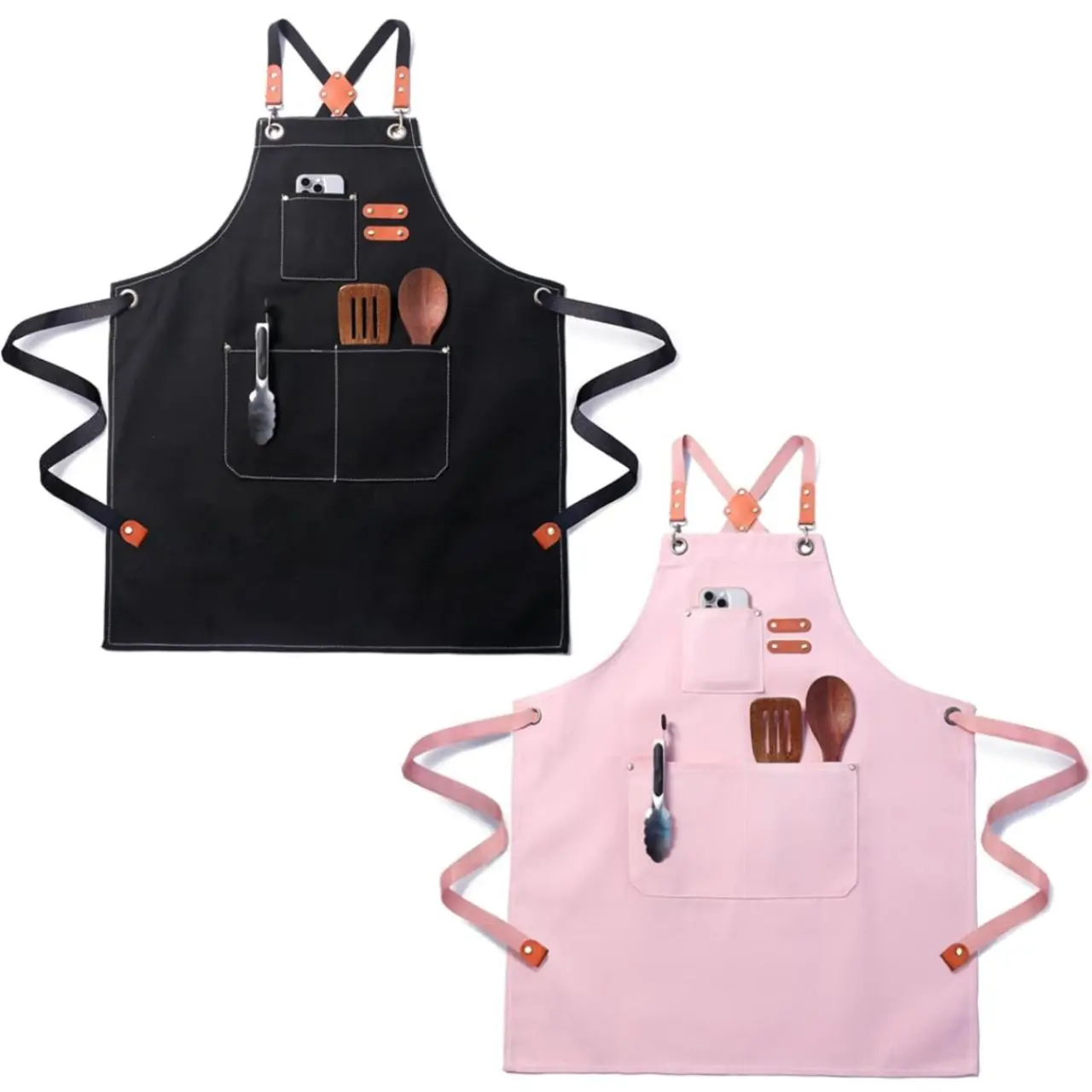 2 Packs Cotton Canvas Apron for Men Women with Pockets, Cross Back Design-Comfortable Apron for Cooking BBQ Baking Gardening Kitchen Barber Woodworking Grilling Crafting (Pink & Black)