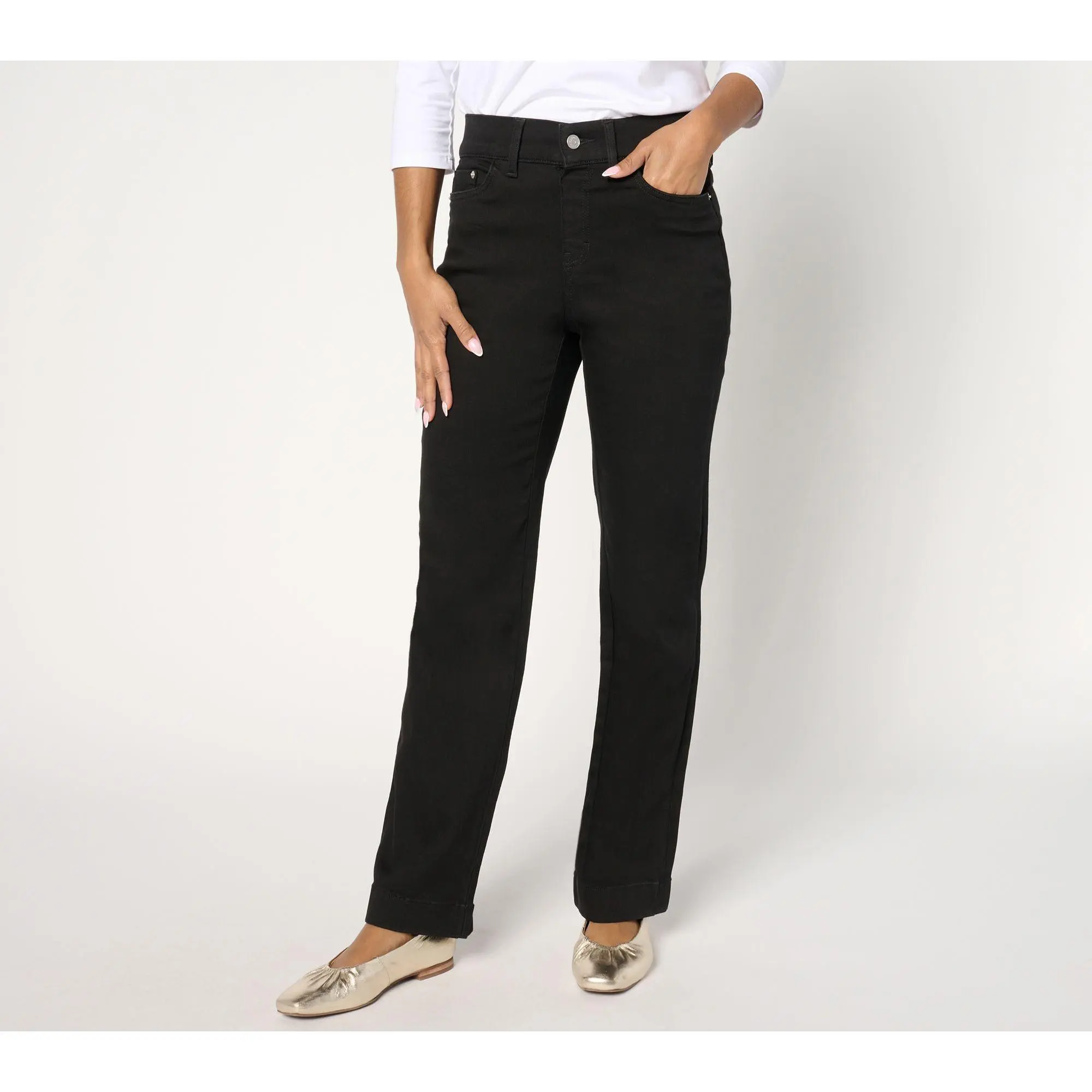 Denim & Co. Petite Black Cozy Touch Relaxed Straight Jean