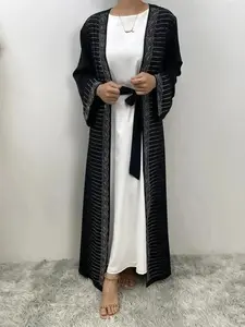 2026 Women's Rhinestone Decor Open Front Abaya with Waist Belt, Modest Long Sleeve Kimono Outerwear for All Seasons, Summer Outfits 2024, Arabic Clothing Women, Belted, Vacation Wear, Breezy Comfort, Relaxed Fit