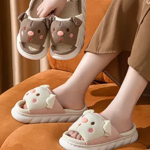 Cute Cartoon Pig Slippers Open Toe Linen Home Shoes – Adorable Piggy Plush House Slippers for Women Men Couples Warm Cozy Indoor Bedroom Floor Shoes
