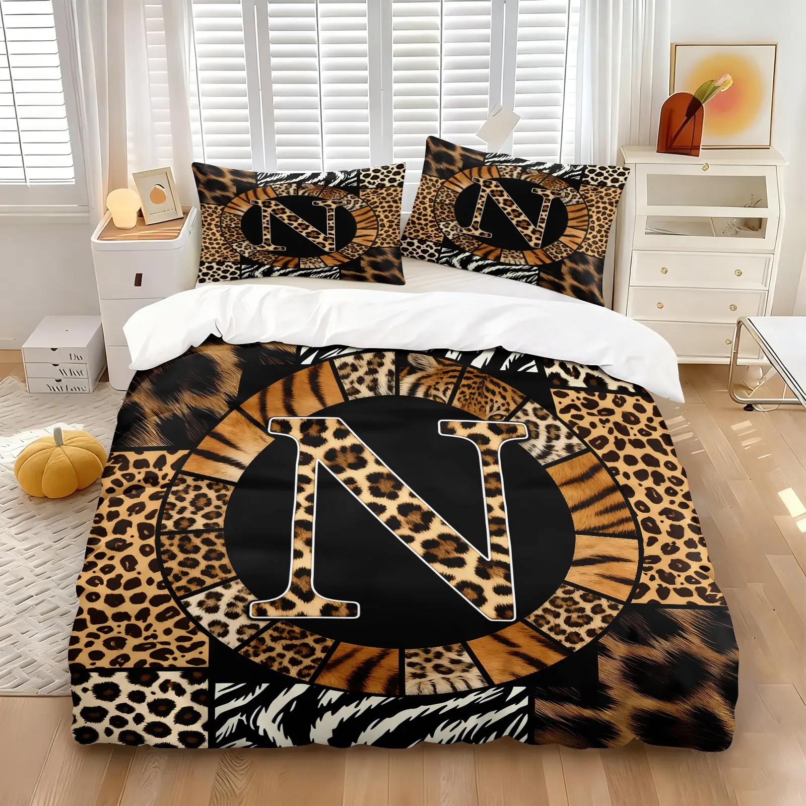 3Pcs Leopard Zebra Print Initial Letter N Decorative Duvet Cover Set, Multiple Sizes (Twin/Full/Queen/King) Soft Microfiber Bedding Set with Pillowcases, Black Patchwork Animal Print Bedroom Decor Gift for Her Bed Sets Supplies