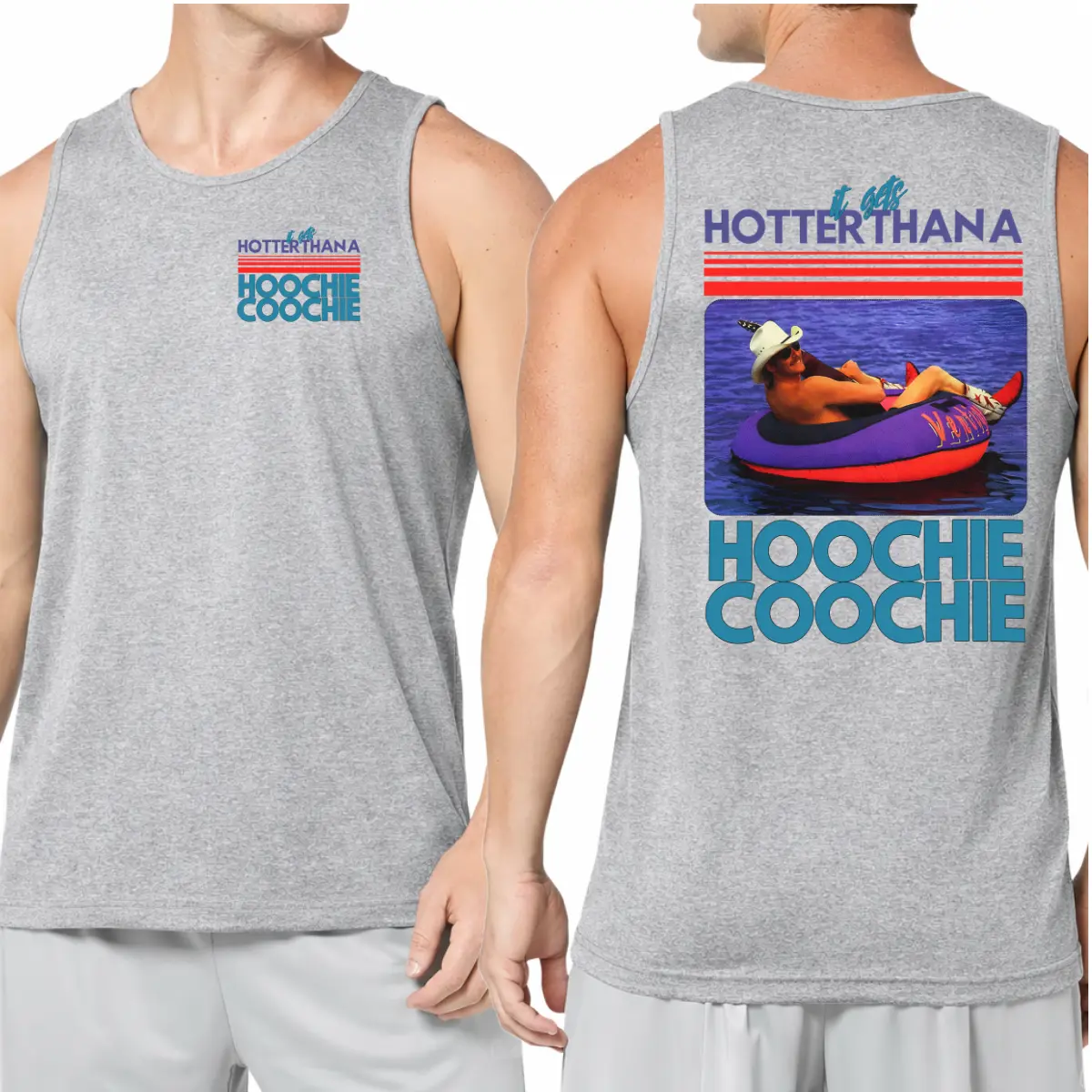 Hoochie Coochie Tank Top, ‘Hotter Than a Man in a Floatie’ Vintage Lake Day Photo Graphic, Funny Tee for Chill Summer Vibes