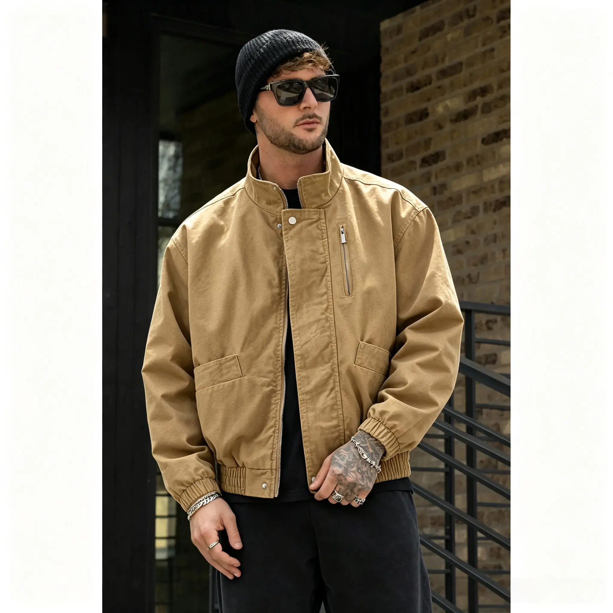 Men’s vintage washed canvas workwear jacket with stand collar, zip & snap button placket, multiple pockets, ribbed cuffs, loose short bomber coat—casual outerwear for spring and fall