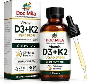 Vitamin D3 K2 Liquid Drops in MCT Oil – 5000 IU Vitamin D3 (125 mcg) + 100 mcg Vitamin K2 MK-7 – Unflavored – 60 mL – 30 Servings