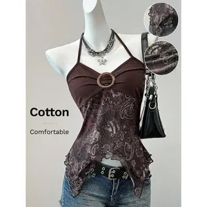 EZwear Summer Y2k  Vintage  Grunge Vacation Outfits Brown Paisley Top Woman Retro Print  Through Top