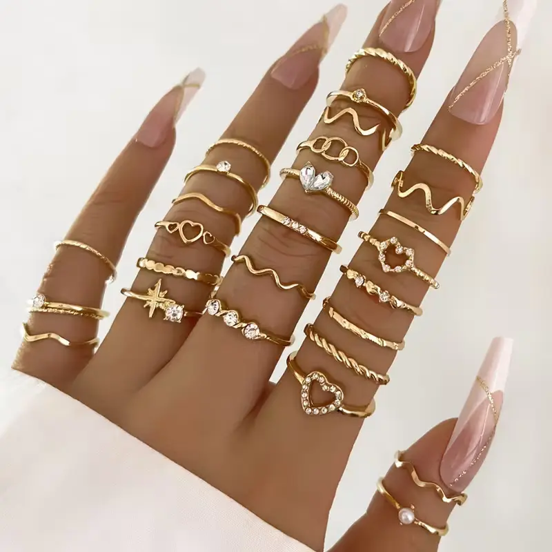 Women's 28pcs Retro Elegant Hollow-Out Love Wave Imitation Layered Ring Set - Fashion Costume Jewelry for Daily, Party Wear, Holiday Gifting