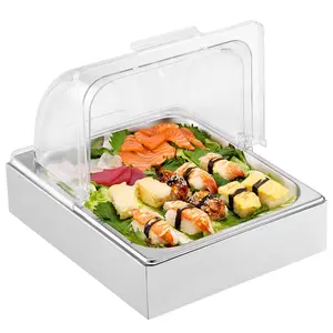 VEVOR Countertop Food Serving Display Container,  , 1 x 1/2 Pan Stainless Steel Food Serving Tray, Buffet Condiment Dispenser Display Rack with Clear Lid & Ice Tray, for Restaurant Hotel Kitchen Party