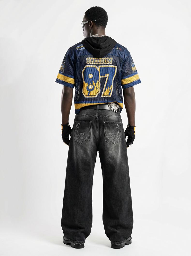 Inflation Y2K streetwear black jeans | embroidered wide-leg denim