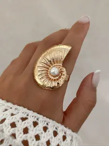Vintage Bohemian Shell Ring with Faux Pearls, Adjustable Metal, Stackable Rings, Fashion Jewelry for Women, Daily Wear and Parties
