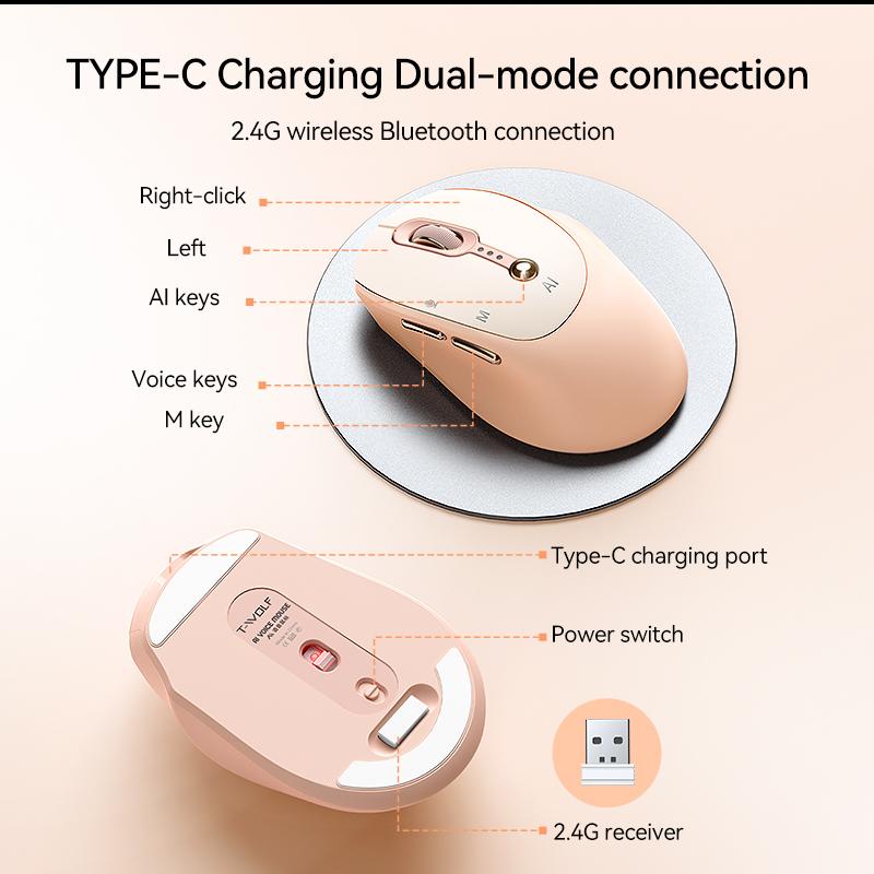 AI Voice Smart Mouse with New AI Model for Efficient Office Use One-Click Operation in Pink & White Ideal for Modern Office Tasks