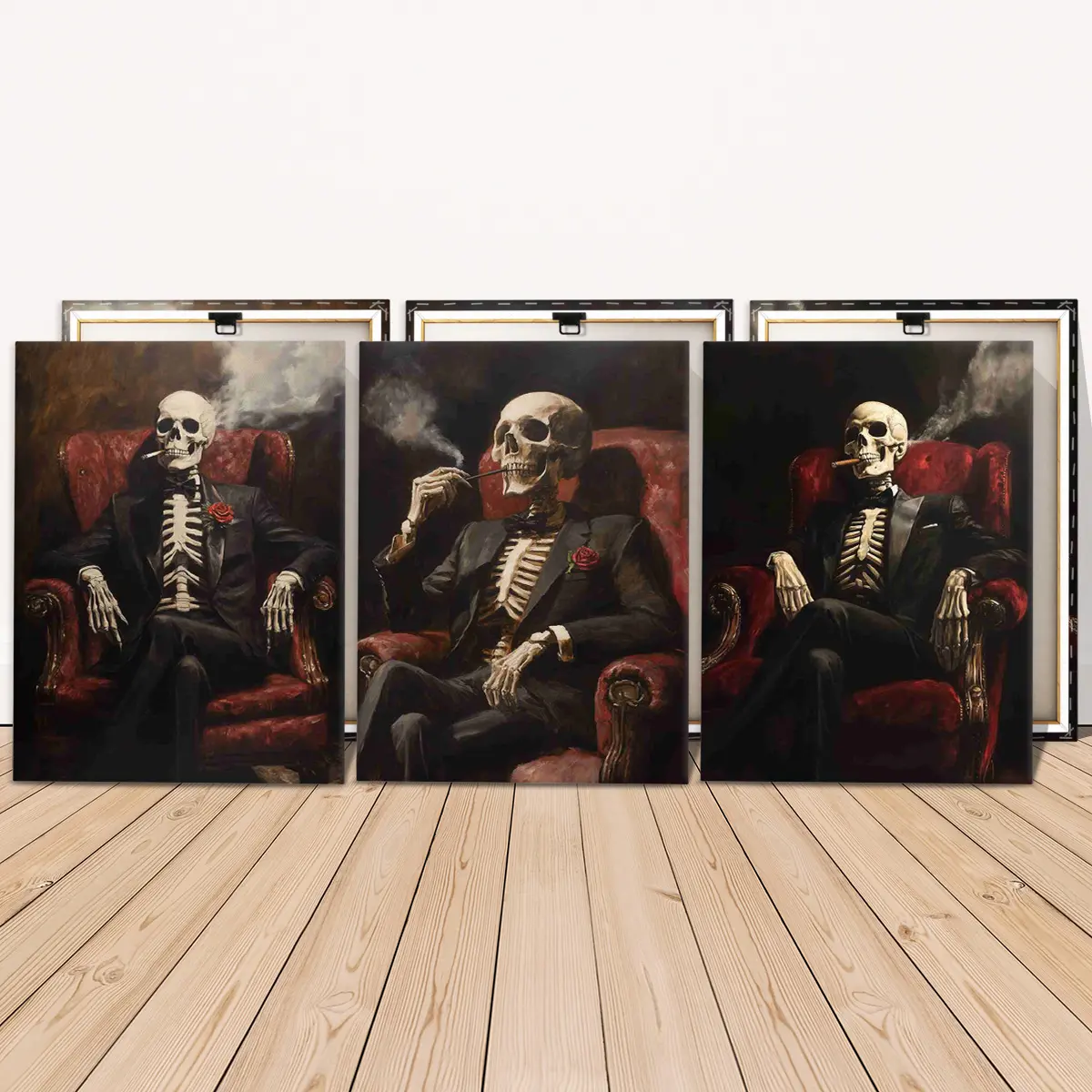3 Counts Wooden Framed Canvas Painting, Artistic Smoking Skeleton Gentleman Art, Poster, Decorative Wall Art, Perfect Living Room Decoration, Modern Art, Family Poster, Wall Art Decoration, Modern Home Decor, Waterproof Art, Art Work For Wall Decor