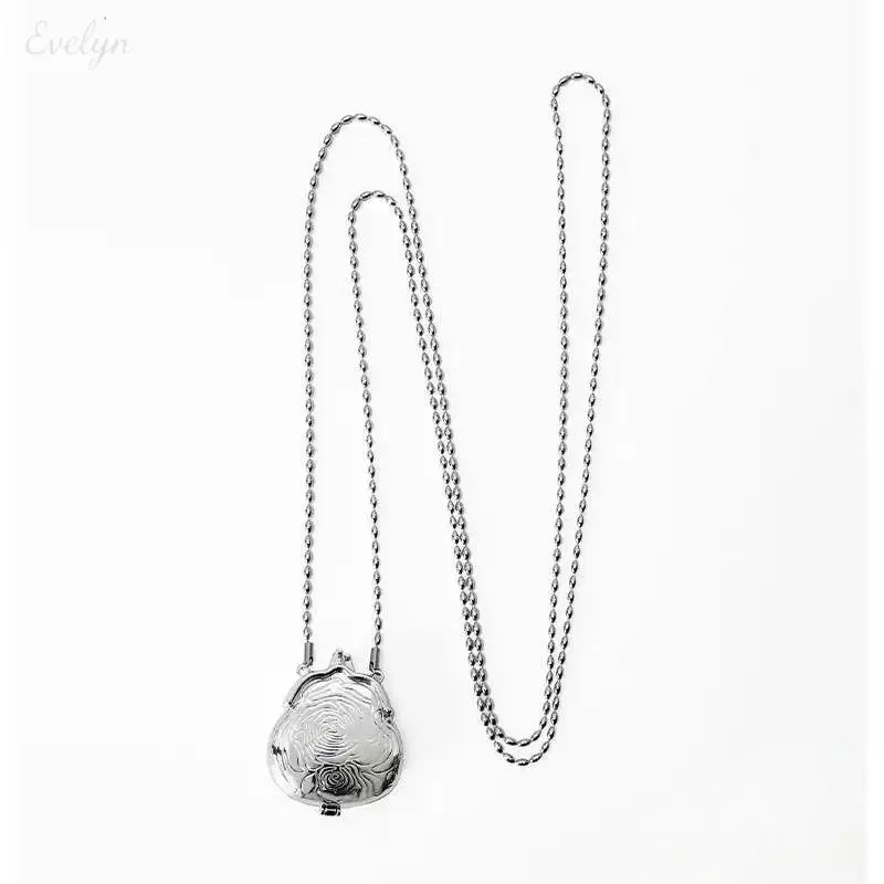 Embossed Rose Mini Metal Coin Purse Crossbody Bag, Thin Ball Bead Chain Tiny Clip Closure Shoulder Pouch, Minimal Micro Sling Bag for Women Daily Street Mini Item Storage