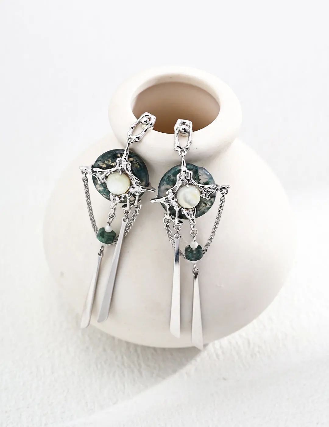 Artisan Crafted Moss Agate & Mother-of-Pearl Statement Earrings | S925 Silver, Neo-Chinese Style