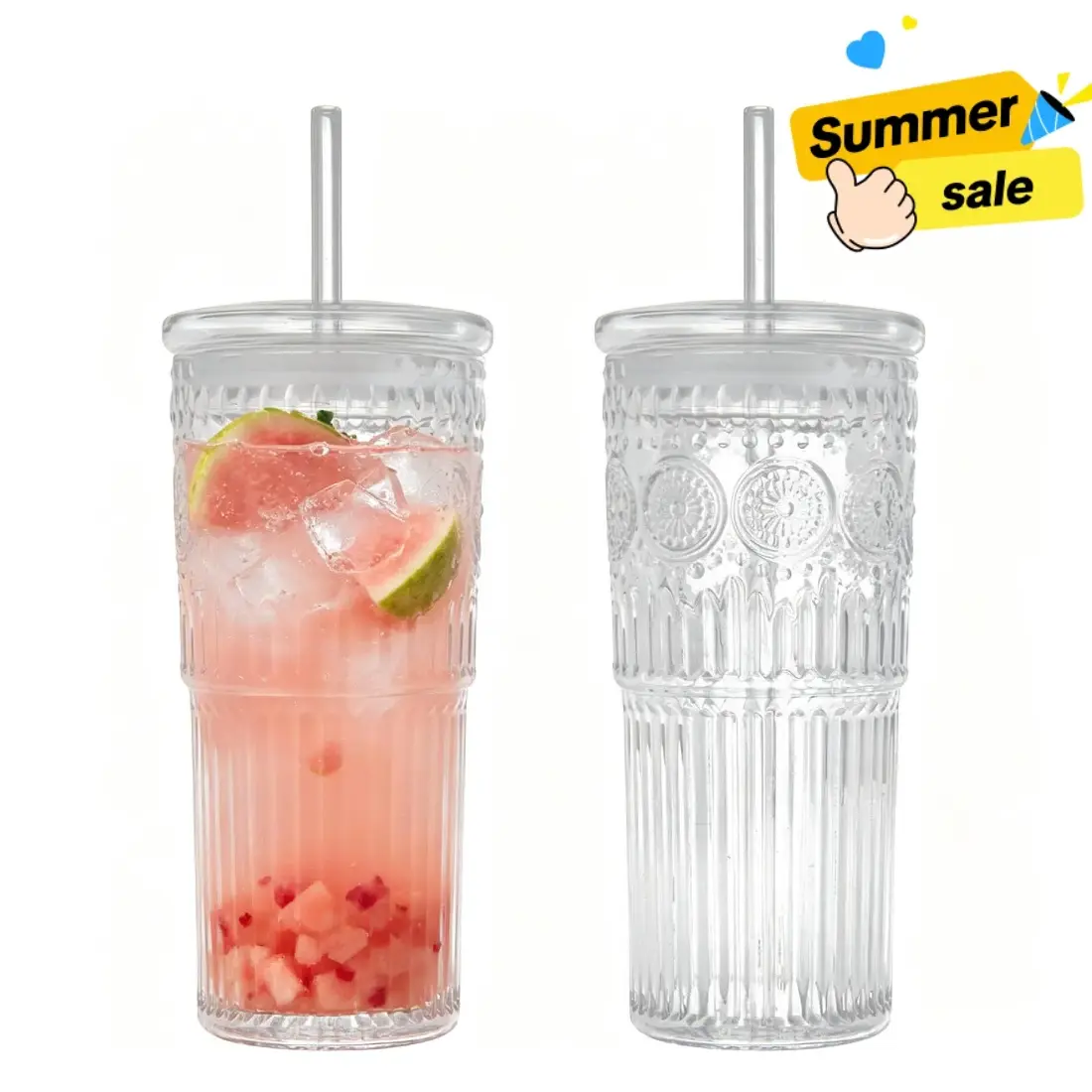 【SummerSale】Glass Iced Coffee Cup With Lids and Straws, 24 OZ High Borosilicate Glass Tumbler for Water Smoothie Juice Drinks, Modern Glass Mug for Cold & Hot Beverages, Drinkware, Aesthetic Glass Cups