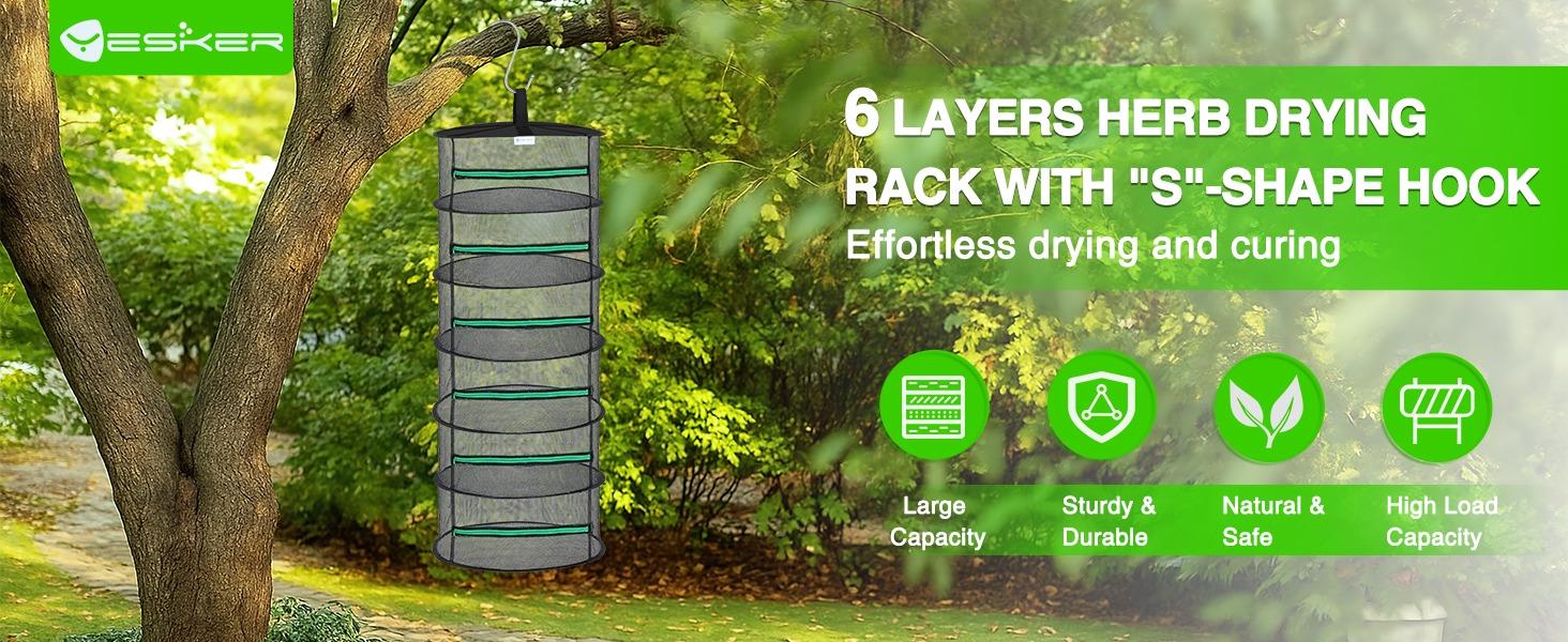 Yesker 6 Layer Herb Drying Rack Hanging Mesh Net Foldable Plant Drying Racks 24" Diameter with Green Zipper & Hook Dryer Hanging Rack for Herbs Seed Bud Fruit Clothes Grow Tent Closets Garden Outdoor