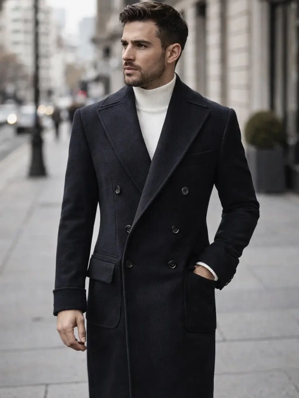 Men's Long Black Overcoat Formal Double-Breasted Wool Business Coat with Premium Blend Wool Side Hip Pockets for Professional Attire