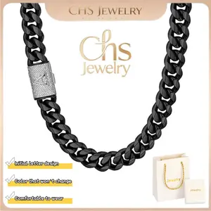 【Letter Lock】Capital Initial A-Z 26 Letters| Black chain with silver clasp| Chunky  Miami Cuban Chain Letters| Stainless Steel Men's Hip Hop Necklace for Party & Daily Wear, Punk Rap Jewelry Gift 14mm 20/24/30in
