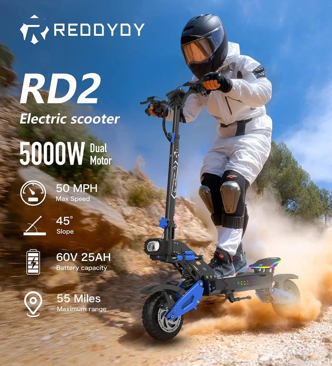 REDDYDY RD2 High-Speed Folding Electric Scooter with Shock Absorption For Adult, 50 MPH, 5000W Dual Motor, 55-Mile Long Range, 10.5" Off-Road Tires, 60V 25Ah Battery,Front headlights & Ambient Lighting,Dual Hydraulic Brakes, App Smart Control, LCD Display