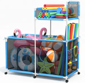Housolution Pool Float Storage, 283 Gallon Large Double Layer Outdoor Pool Toy Storage Bin with Tear & Sunlight Resistant Nylon Mesh, Rolling Cart for Pool Noodles, Toys, Floats, Balls,Equipment, Blue