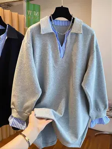 Women's Fall New Colorblock Striped Dual Layer V-Neck Fake Two-Piece Long Sleeve Loose Casual Simple Fashion Pullover Sweatshirt, Womenswear