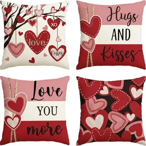 4PCS Valentine's Day Hugs and Kisses Love You More Pillowcase, Decorative Heart-Striped Valentine's Day Wedding Cushion Cover for Sofa. (16in16in, 18in18in, 20in20in,12in20in)