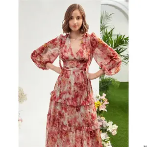 Great for vacation, cinched waist, ruffled hem, dress sleeves, lantern neckline, deep V, women's Enchnt