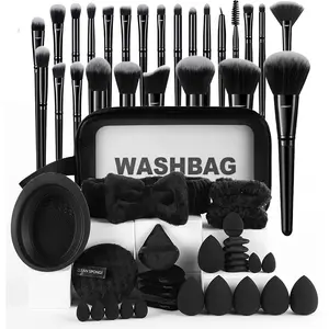 56Pcs Black Premium Makeup Tools Full Set - Christmas & Valentine's Beauty Gift for Her | Professional Brushes, Sponges, Travel Bag, Makeup Storage Bag, Makeup Pouch & Makeup Brushes Kits (With Brush Cleaner)