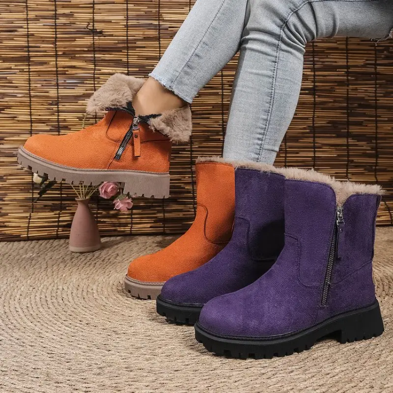 Women's 2025 Winter Snow Boots - Cozy Casual & Semi-Formal Shoes for Cold Weather - Plush Fleece & High Quality PU Cover Upper - Thickened Insulated Low-Top Design - Anti-Slip Rubber Sole with Round Toe & Side Zipper Closure (Orange/Purple)