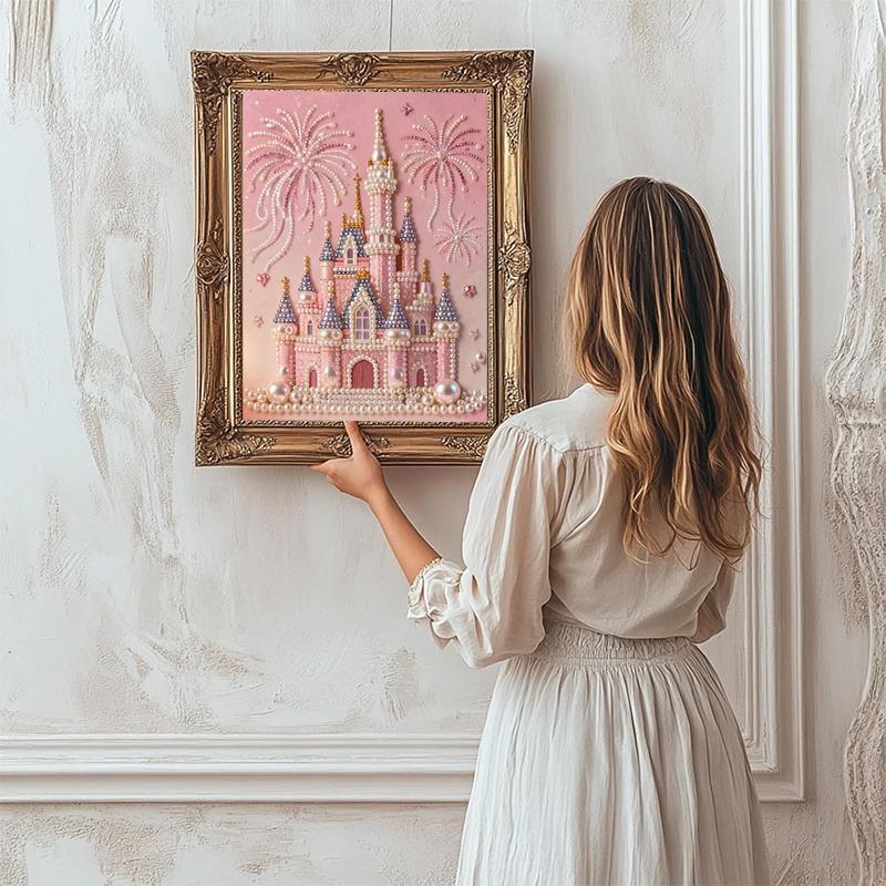 2026 New Pearl Painting: Pink Pearl Fairy Tale Castle Fireworks Glow Theme Frameless Canvas Art Print DIY Decorative Painting Ideal for bedroom decor, living room wall art, room accents, and artwork Perfect as Christmas, New Year, or Valentine's Day gifts