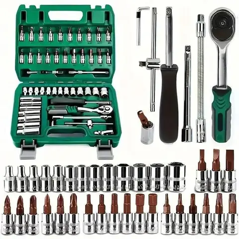 46pcs Multifunctional Wrench Set - 1/4-Inch Drive Socket Wrench Kit, Mechanic Tools with Metric Bit Sockets, Extension Bar, Storage Case, Ready for Cars, Bikes & Home Repairs
