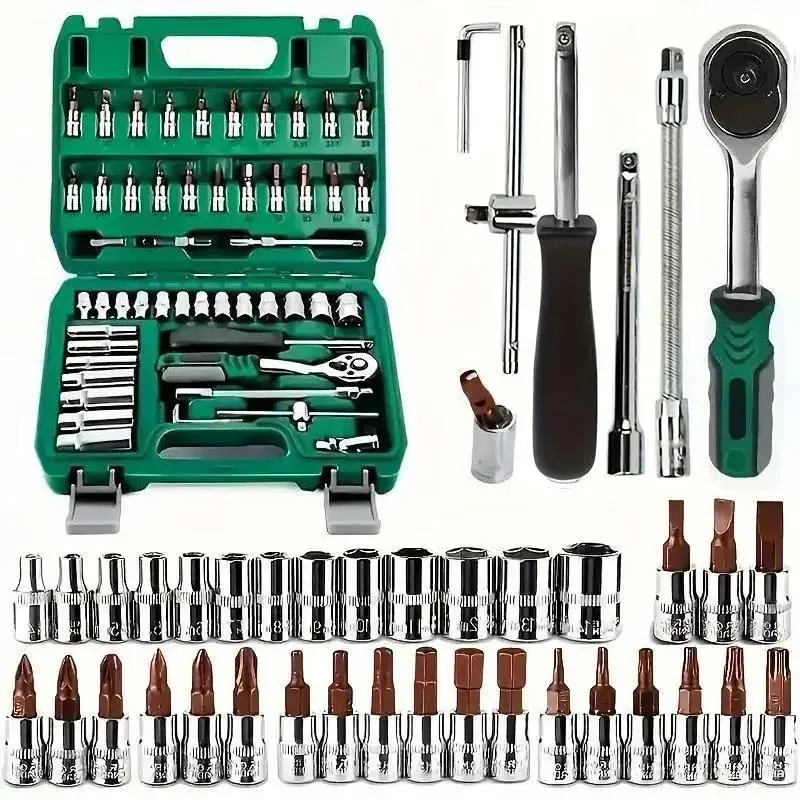 【SummerVibes】1/4-Inch Drive Socket Wrench Set (46/53pcs) with Metric Bit Sockets, Extension Bar, Storage Case - Work Tools, Tool Kit Set for Auto Repair & Household, Unique Gifts for Man, Metal Surface Hardware