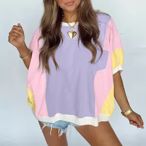 Purple Color Block Patchwork Half Sleeve Oversized T Shirt