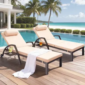 Effortless Relaxation 400lbs Capacity Rattan Chaise Lounge Chair (2/4/6 Pack) – PE Wicker Patio Chair with Lockable Wheels & Multi-Angle Reclining Back, Includes Matching Side Table