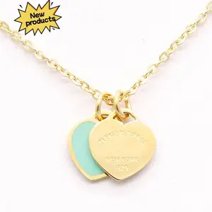 New luxury enamel pink double heart necklace, 18k gold titanium steel, versatile new style