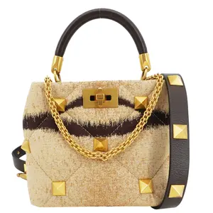 Pre-owned Valentino Canvas and Leather Shoulder Bags Roman Stud Vintage Tiger Print Top Handle Shoulder Bag Sand Gold