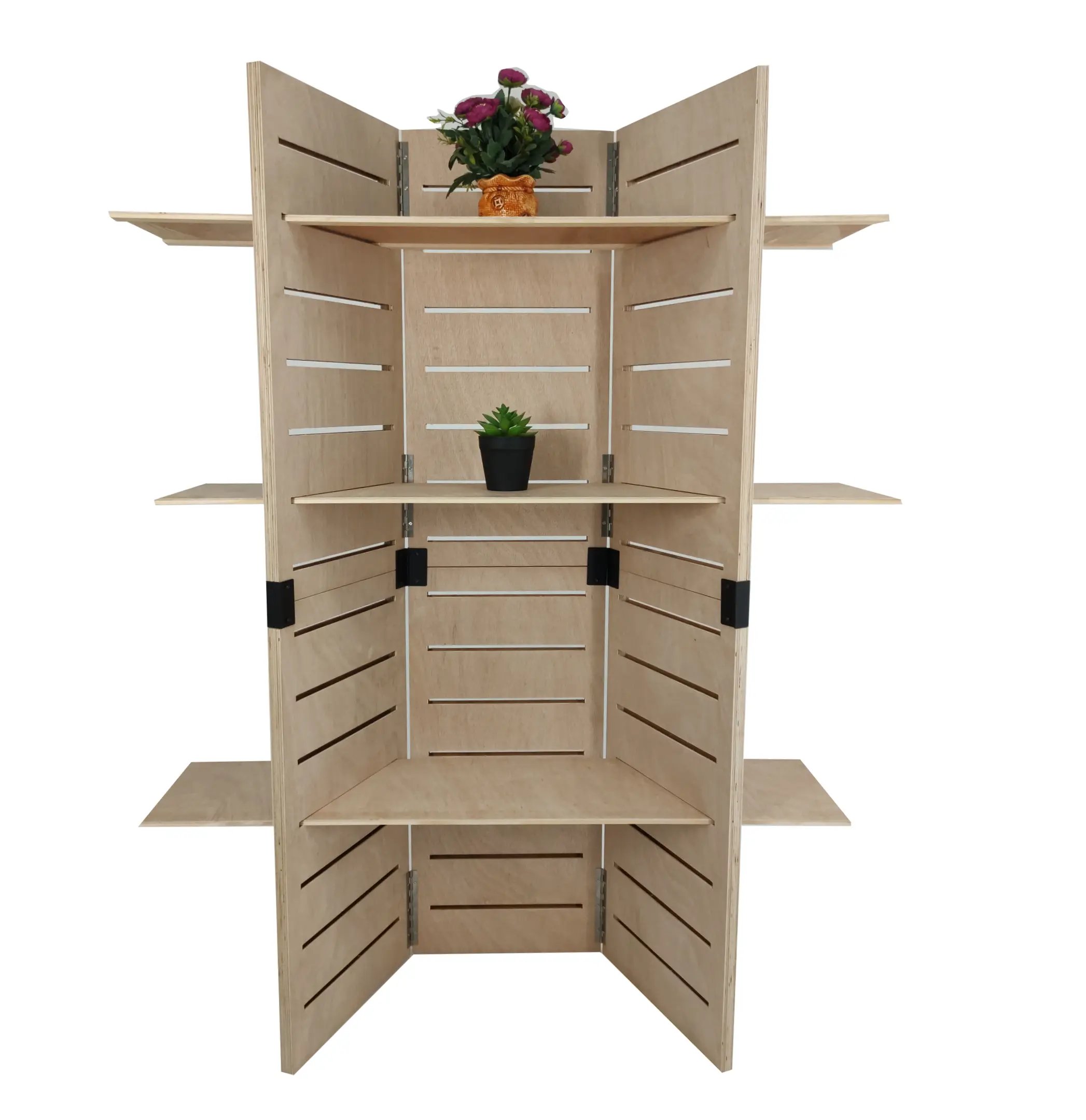 FixtureDisplays® 48.0" x 59.5" x 14.5" Wooden Retail Shelving Unit w/ 3 Shelves, Folding Panels - Pine Wood 19404NEW-NF
