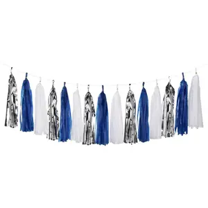 Navy-Blue White-Silver Tassel Garland Streamers - 15pcs Party Decorations Tissue Paper Tassels Banner,Graduation 2025 Wedding Baby Bridal Shower Hanging Decoration Boy Birthday Backdrop Decor