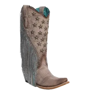 Corral Ladies Brown Embroidery & Star Stud Fringe Western Boots A4625