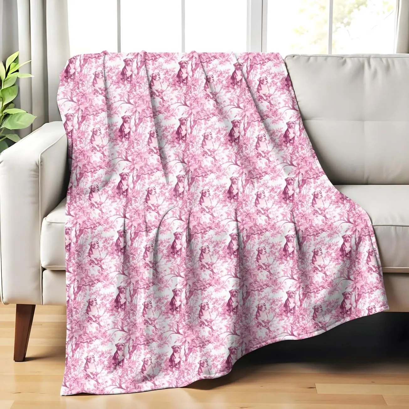 Pitbull Pink French Toile Blanket, Dog Coquette Toile Throw Blanket for Pittie Lovers, Toile de Jouy Gift for Dog Lover Dog Mom Cozy Blanket