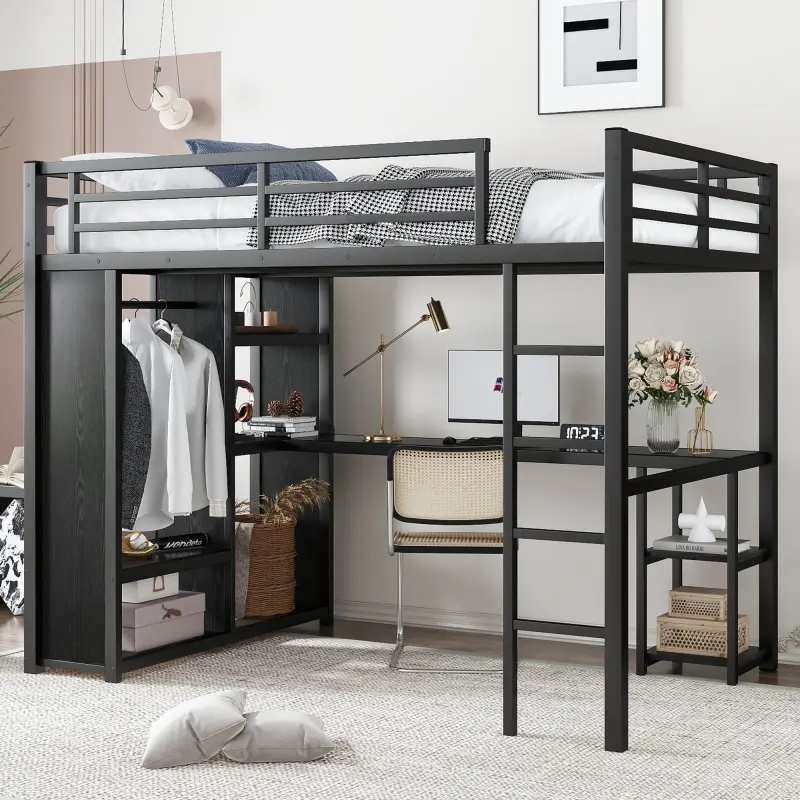 Full Size Metal Loft Bed Frame - Minimal Style Indoor Furniture with Built-in Wardrobe, Desk, and Storage Shelves, Black Bedroom Workstation