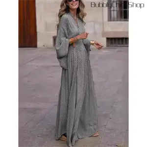Women’s Spring/Fall Streetwear Maxi Dress – V-Neck, Lantern Sleeves, Folded Waist, Loose Fit