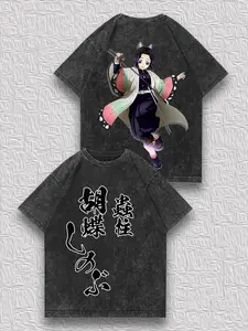 valentine shirts Men's Vintage Distressed Double-Sided T-Shirt - Demon Slayer Insect Hashira Shinobu Kocho, Stylish Retro Craft, Niche Loose Street Style Anime Print Short-Sleeve