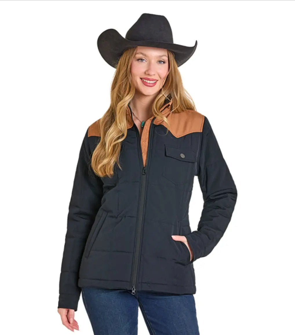 Panhandle Women's Western Colorblock Puffer Coat - Lightweight Slim Fitted Long Sleeve High Neck Outerwear with Attached Hood, Machine Washable Everyday All-Season Outdoor Casual Authentic Quality Extra Protection