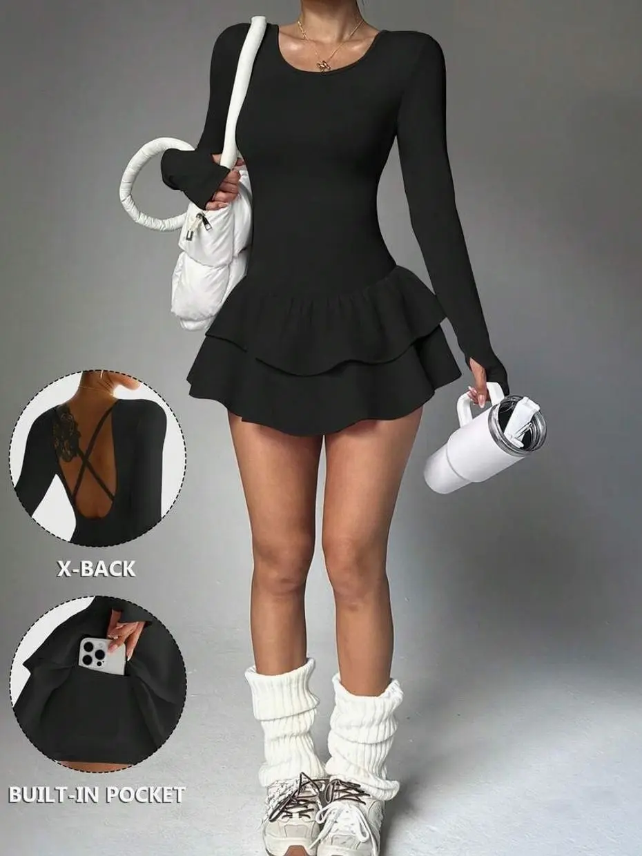 Women's Long Sleeve Tennis Dress with Pockets, X-Back Ruffle Athletic Dress, Double-Layer Yoga Gym Activewear for Autumn