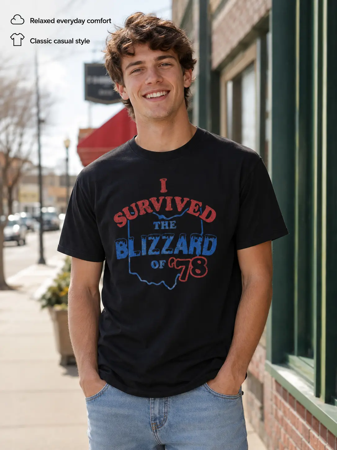 Survived Blizzard Of 78 Ohio Letter Print Black Shirt T-Shirt Tee Top Oversized Unisex Harajuku Streetwear Casual Sweet Wear Outfit Men Women Trendy Retro Graphic Fashion