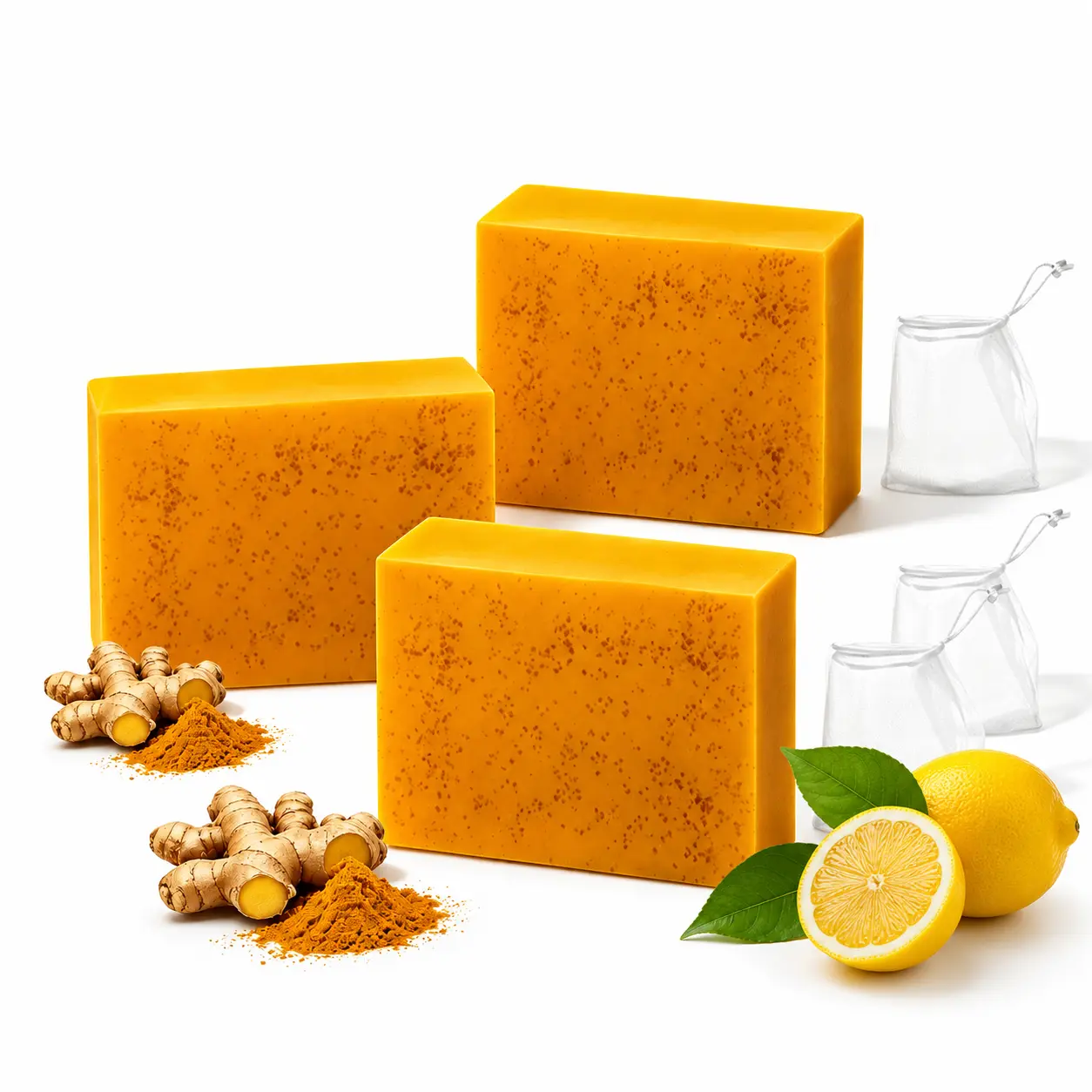3PCS Lemon Turmeric KojicAcid Soap, Natural Organic Turmeric Face and Body Wash Soap Bar, Firm Pores, Even Out Skin Tone,Lemon Turmeric Glowing Skin Care Soap, Deep Clean, with Soap Saver Bags