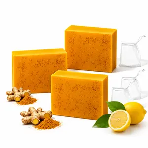 3PCS Lemon Turmeric KojicAcid Soap, Natural Organic Turmeric Face and Body Wash Soap Bar, Firm Pores, Even Out Skin Tone,Lemon Turmeric Glowing Skin Care Soap, Deep Clean, with Soap Saver Bags