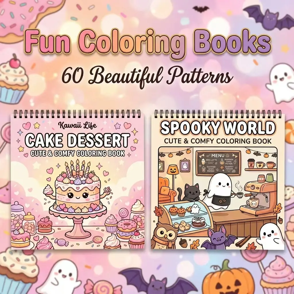 2PCS Adult Coloring Books, Coloring Book Set - Cake Dessert, Spooky World Theme - 60 Opaque Pages with Clear Lines - Vibrant Illustrations for Painting Activity - Beginner-Friendly & Exquisite Patterns - Perfect Gift for Easter, Birthday